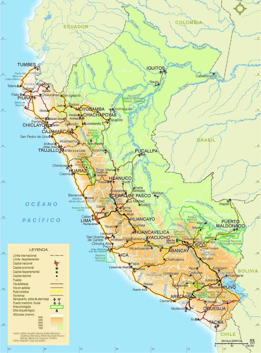 安第斯山的秘鲁地图
